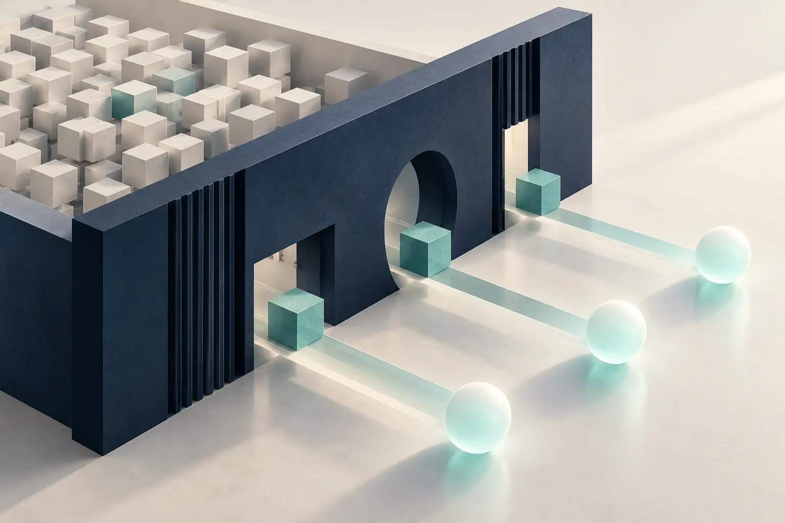 Un mur aux ouvertures sélectives laisse passer quelques blocs de données vers des sphères lumineuses